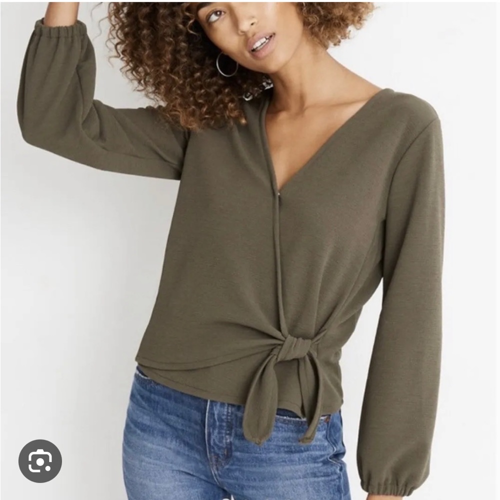 Madewell Texture and Thred Wrap Front Blouse Olive Green